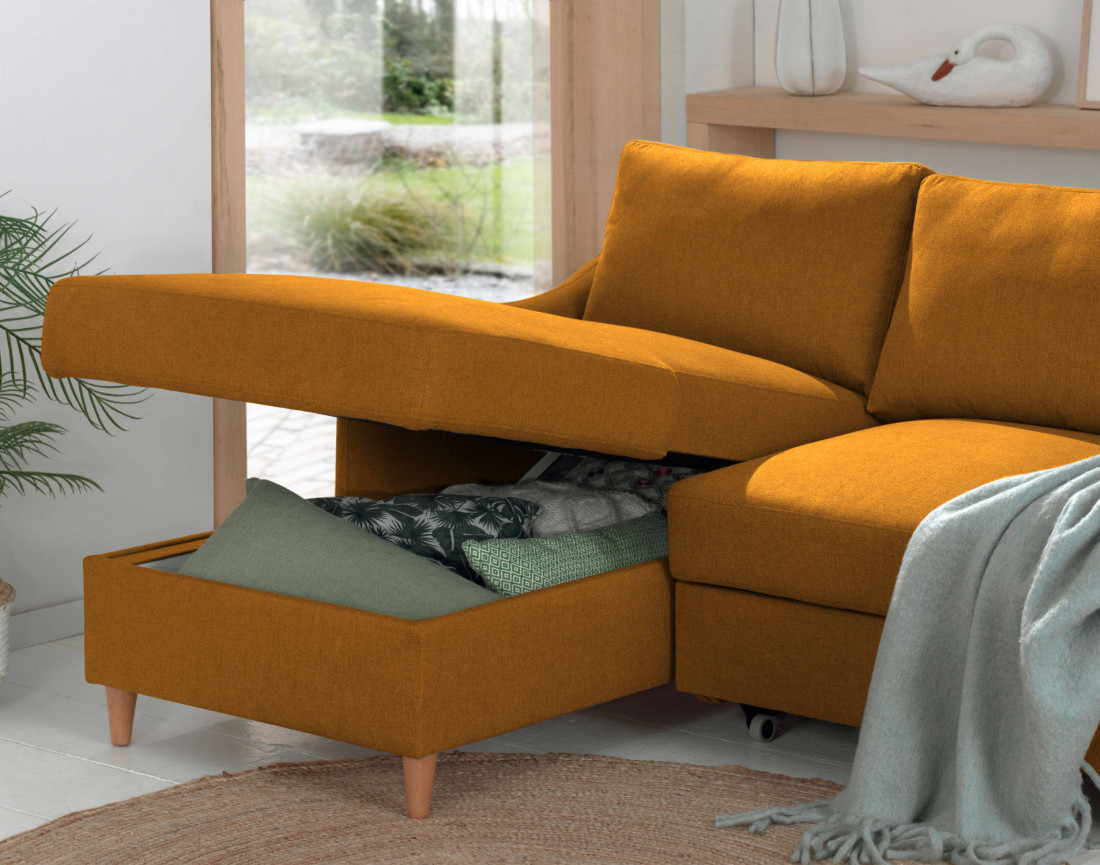 Canapé d'angle gauche convertible avec coffre 4 places en tissu Will