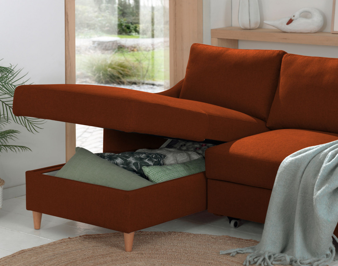 Canapé d'angle gauche convertible avec coffre 4 places en tissu Will