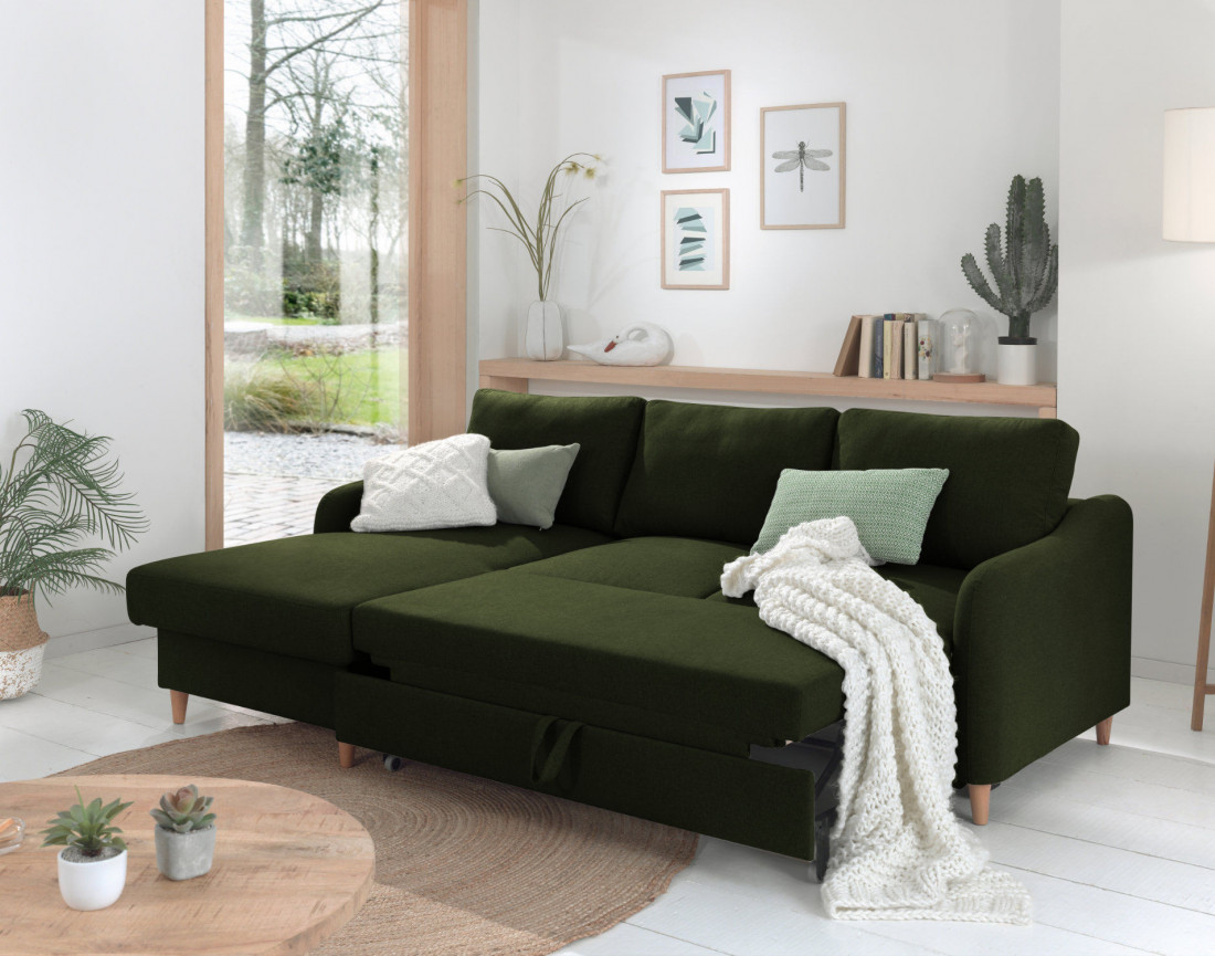 Canapé d'angle gauche convertible avec coffre 4 places en tissu Will