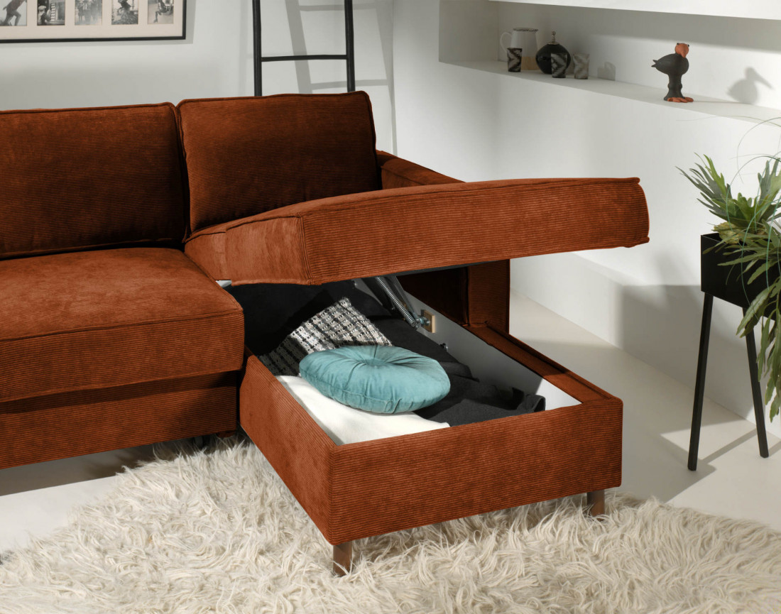 Canapé d'angle droit convertible avec coffre 4 places en velours côtelé Jake