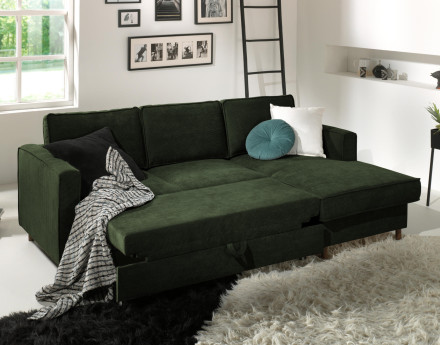 Canapé d'angle droit convertible avec coffre 4 places en velours côtelé Jake