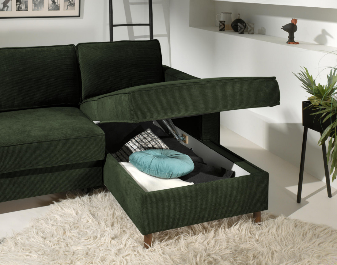 Canapé d'angle droit convertible avec coffre 4 places en velours côtelé Jake