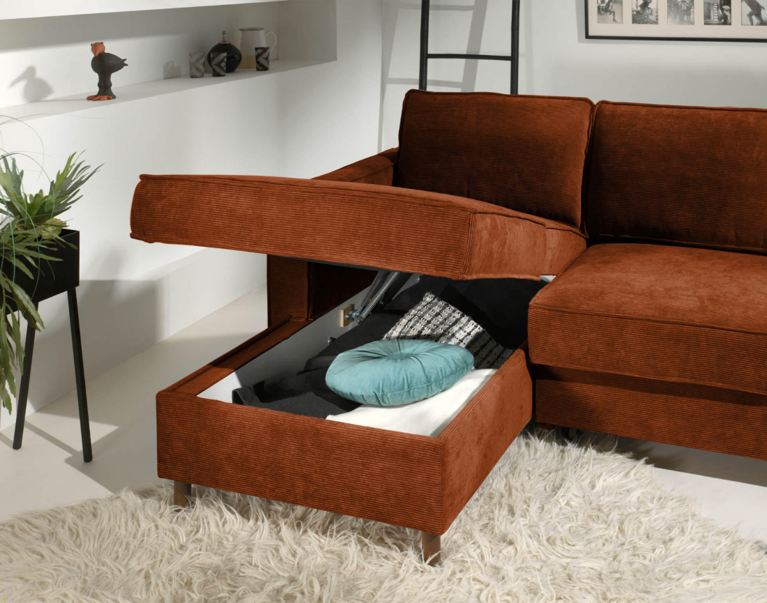 Canapé d'angle gauche convertible avec coffre 4 places en velours côtelé Jake