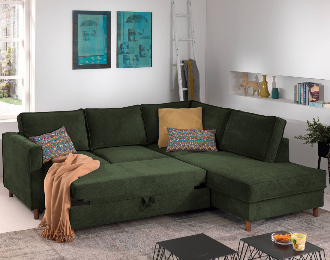 Canapé d'angle droit convertible 5 places en velours côtelé Jake