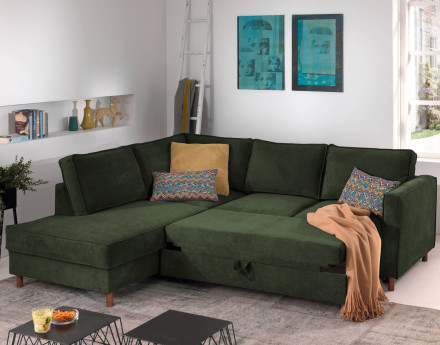 Canapé d'angle gauche convertible 5 places en velours côtelé Jake