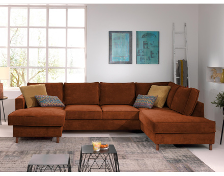 Canapé panoramique d'angle droit convertible avec coffre 7 places en velours côtelé Jake