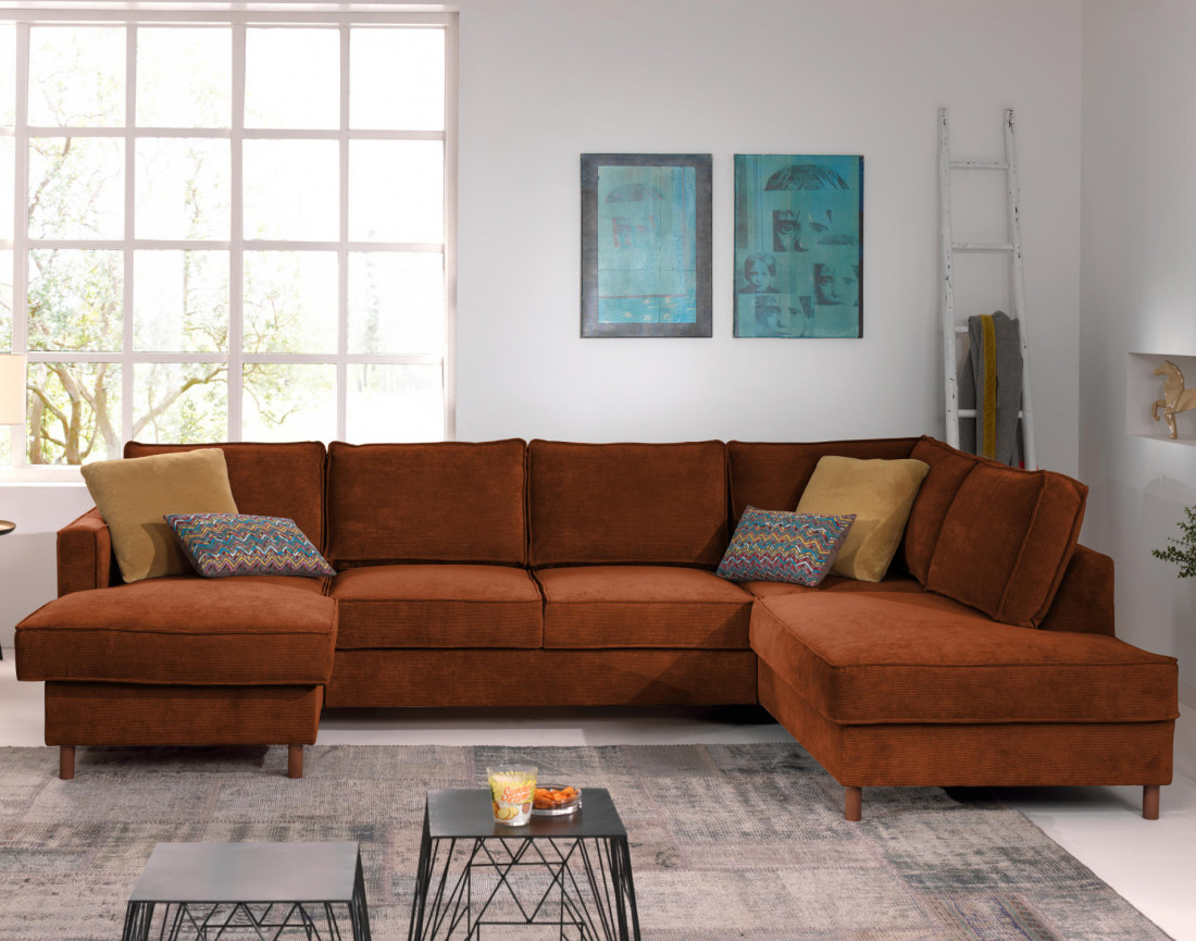 Canapé panoramique d'angle droit convertible avec coffre 7 places en velours côtelé Jake