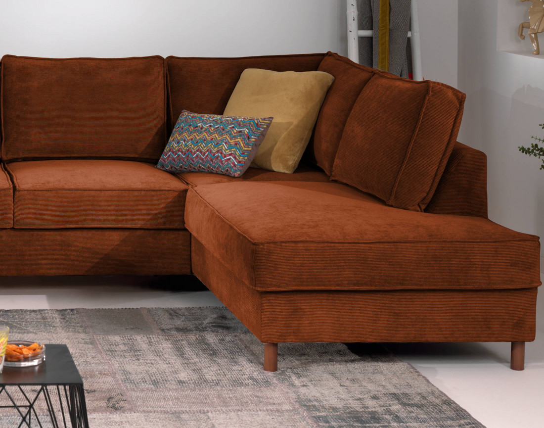 Canapé panoramique d'angle droit convertible avec coffre 7 places en velours côtelé Jake