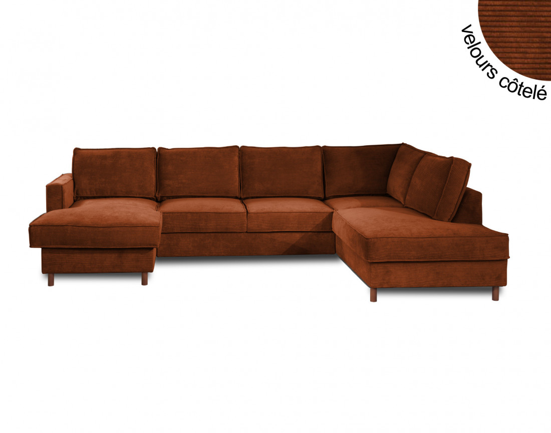Canapé panoramique d'angle droit convertible avec coffre 7 places en velours côtelé Jake