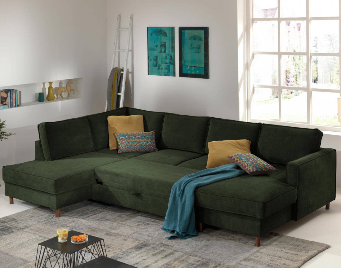 Canapé panoramique d'angle gauche convertible avec coffre 7 places en velours côtelé Jake