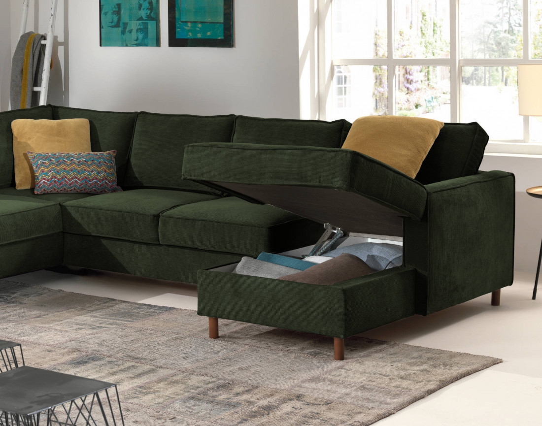 Canapé panoramique d'angle gauche convertible avec coffre 7 places en velours côtelé Jake