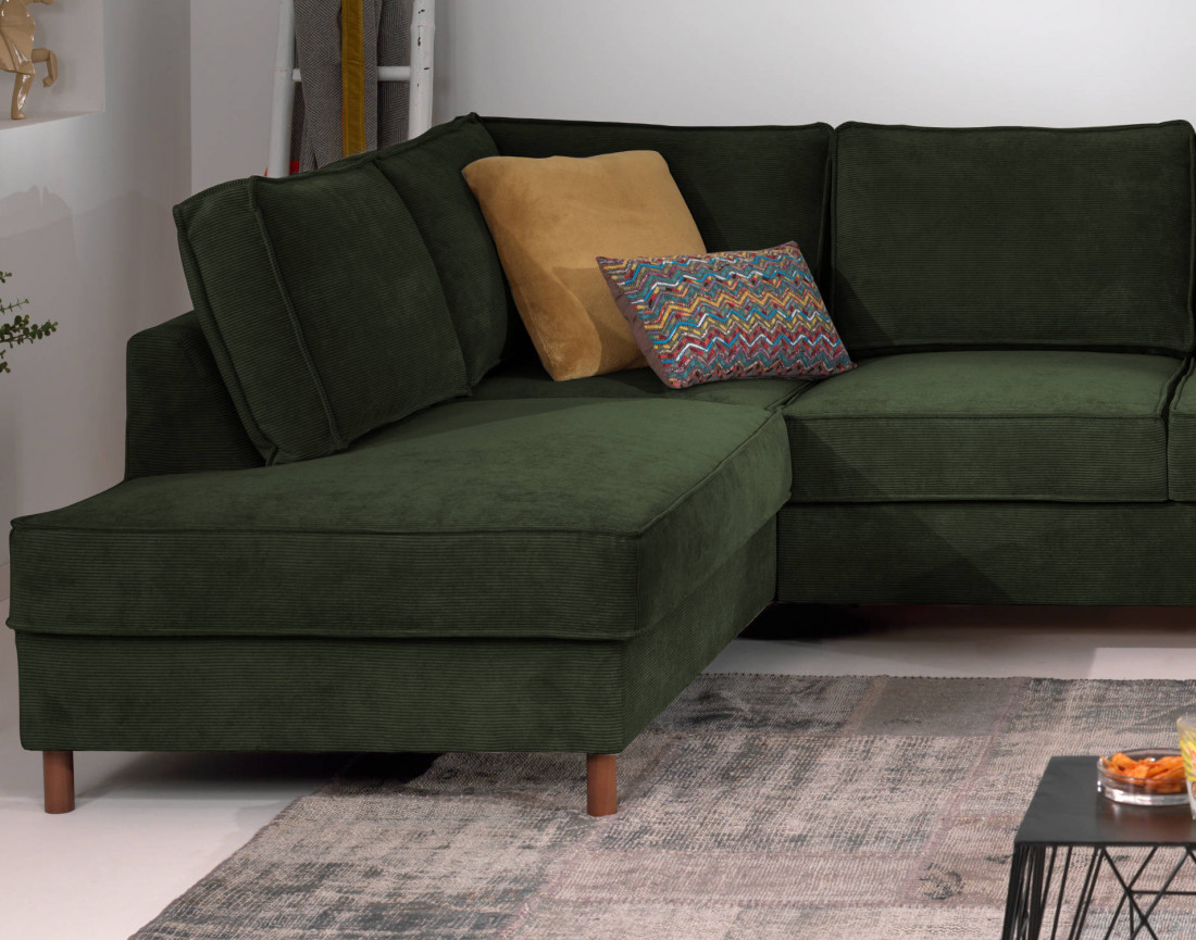 Canapé panoramique d'angle gauche convertible avec coffre 7 places en velours côtelé Jake