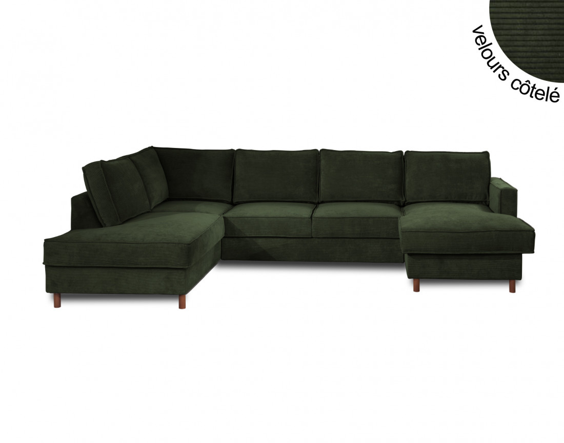 Canapé panoramique d'angle gauche convertible avec coffre 7 places en velours côtelé Jake