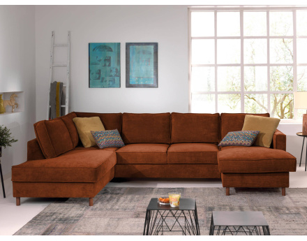 Canapé panoramique d'angle gauche convertible avec coffre 7 places en velours côtelé Jake