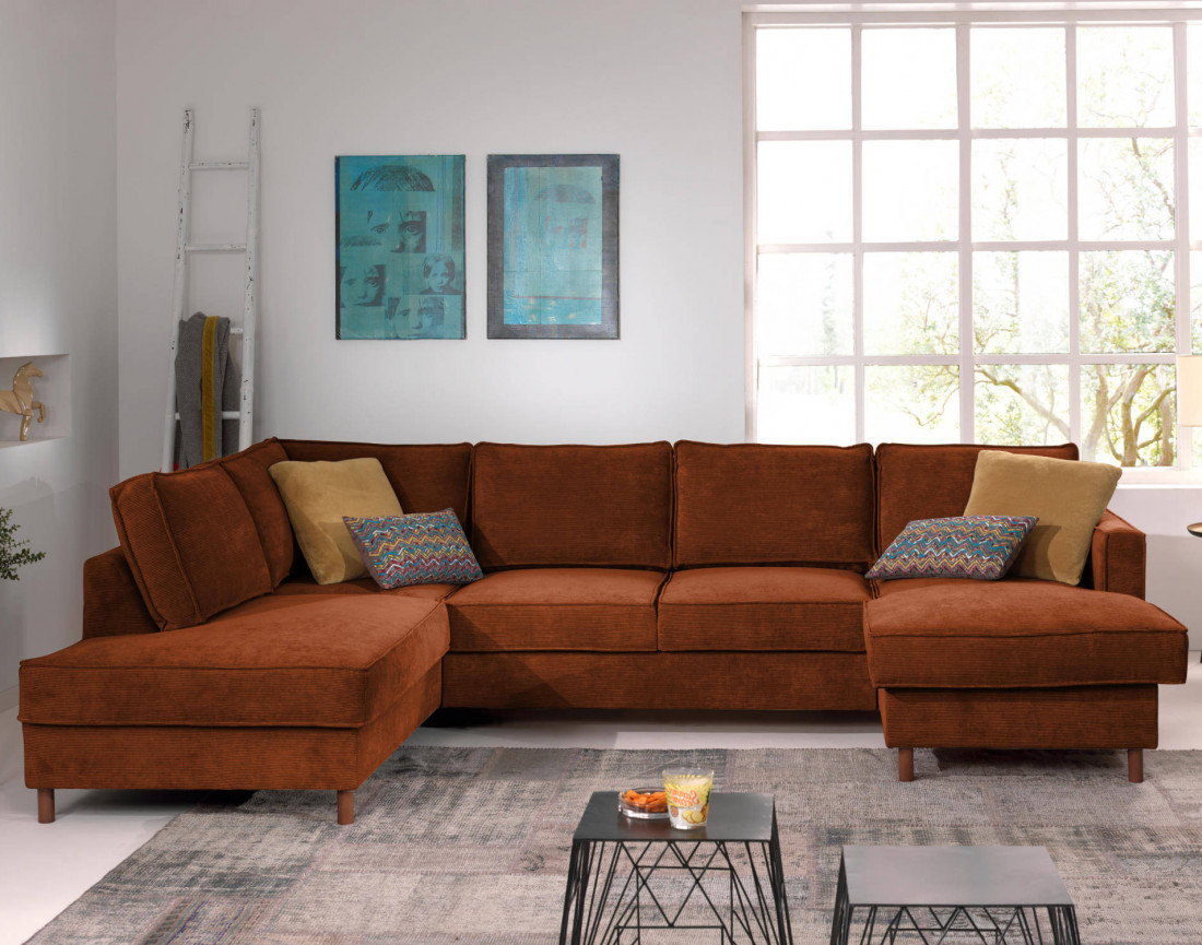 Canapé panoramique d'angle gauche convertible avec coffre 7 places en velours côtelé Jake