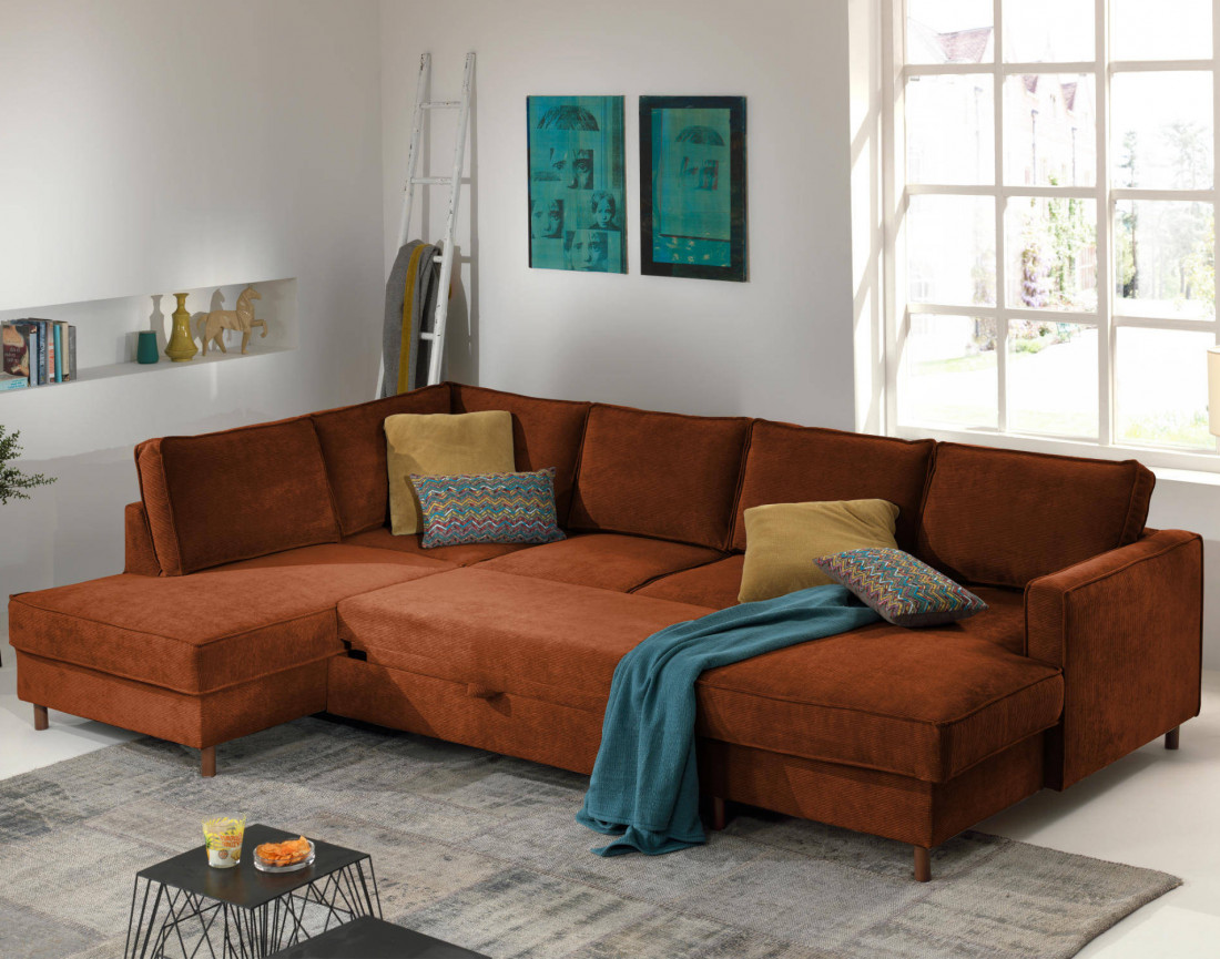 Canapé panoramique d'angle gauche convertible avec coffre 7 places en velours côtelé Jake