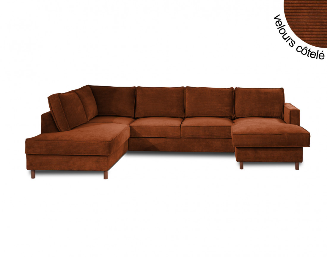 Canapé panoramique d'angle gauche convertible avec coffre 7 places en velours côtelé Jake