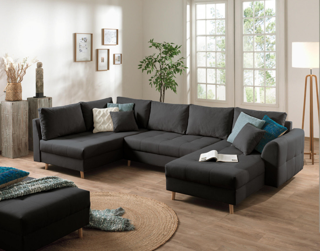 Canapé panoramique Rune 7 places avec pouf d'appoint style scandinave