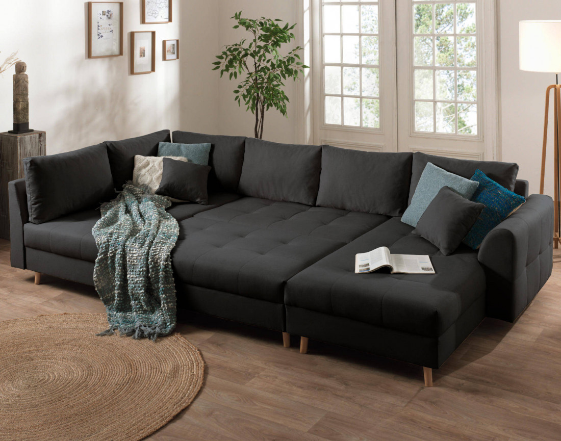 Canapé panoramique Rune 7 places avec pouf d'appoint style scandinave