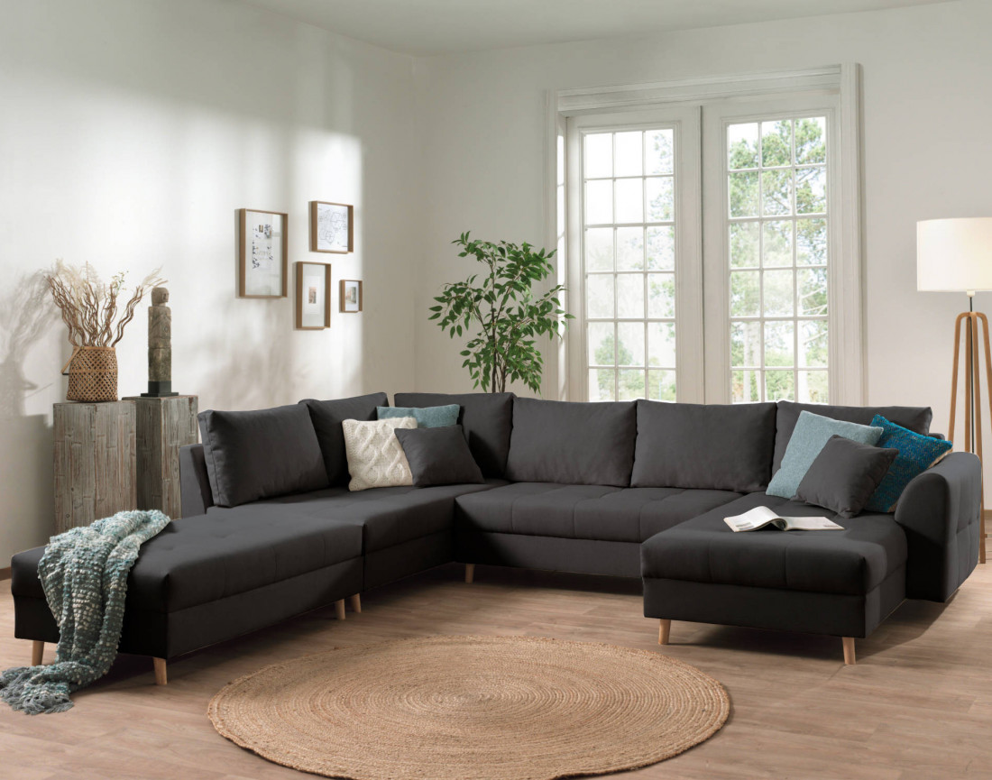 Canapé panoramique Rune 7 places avec pouf d'appoint style scandinave