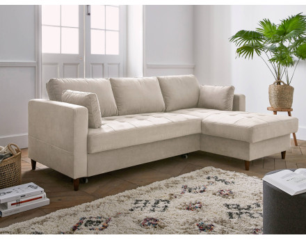 Canapé d'angle droit 4 places convertible avec coffre en velours Anna