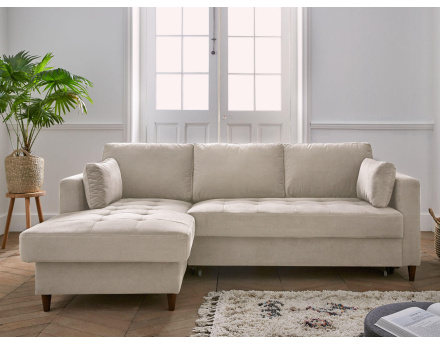 Canapé d'angle gauche 4 places convertible avec coffre en velours Anna