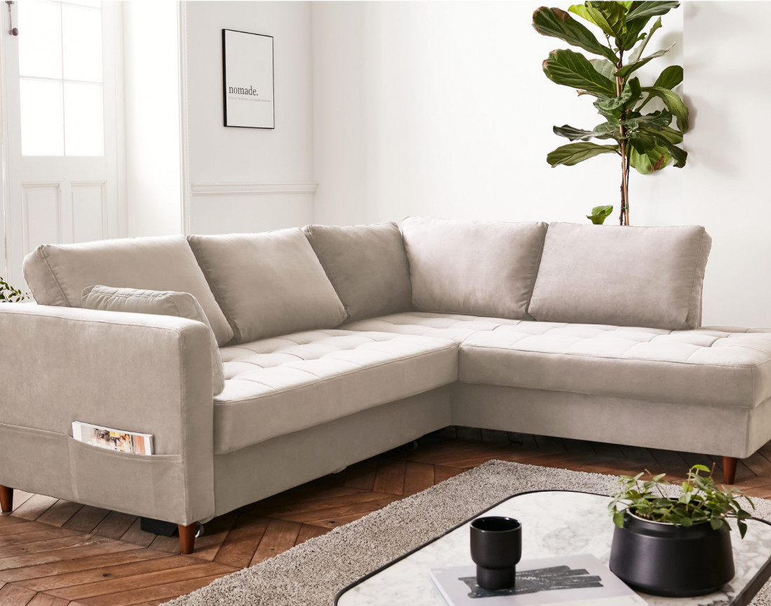 Canapé d'angle droit 5 places convertible en velours Anna
