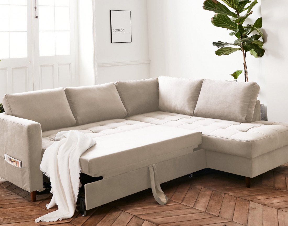 Canapé d'angle droit 5 places convertible en velours Anna