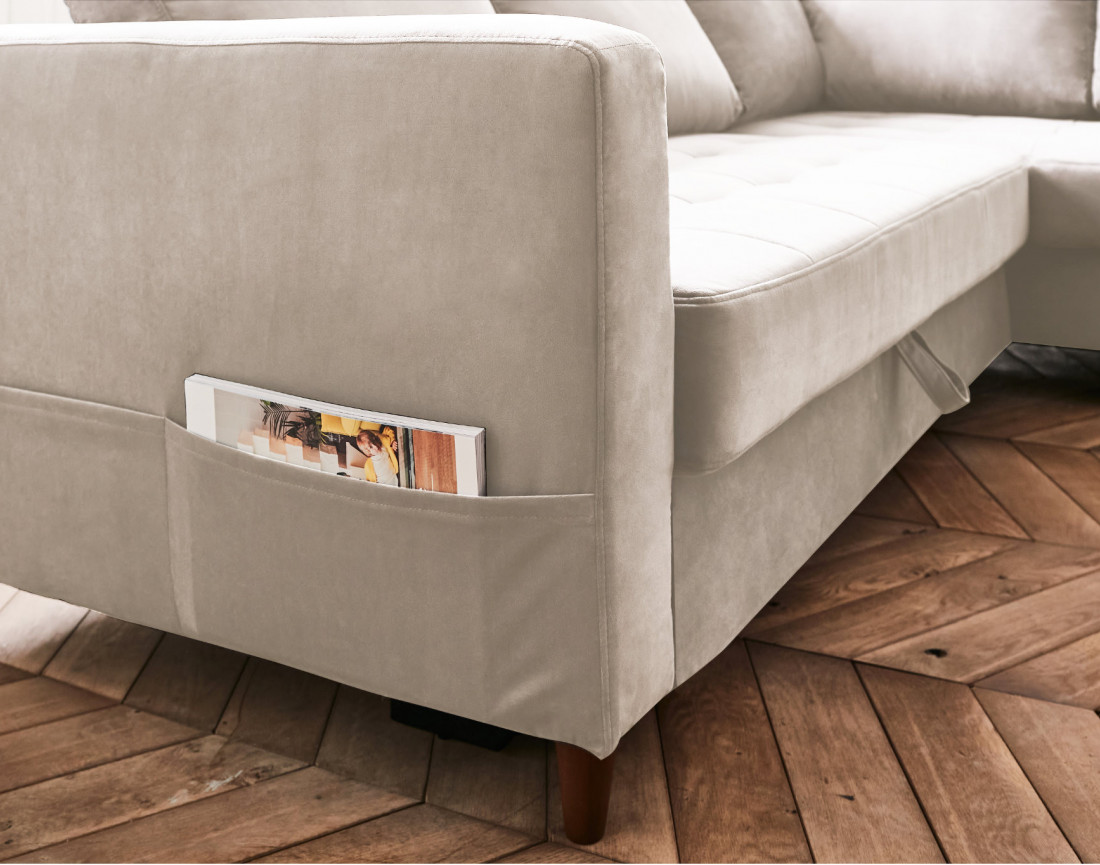 Canapé d'angle droit 5 places convertible en velours Anna