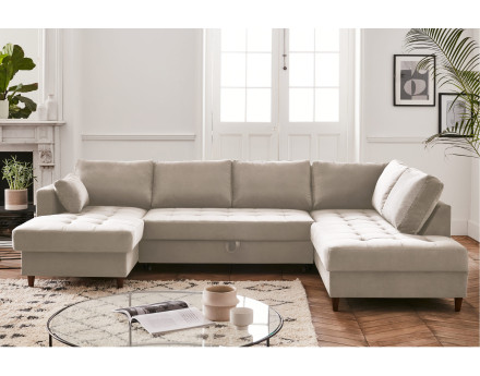 Canapé panoramique d'angle droit 7 places convertible avec coffre en velours Anna