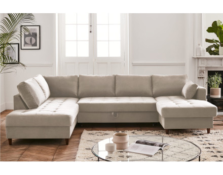 Canapé panoramique d'angle gauche 7 places convertible avec coffre en velours Anna