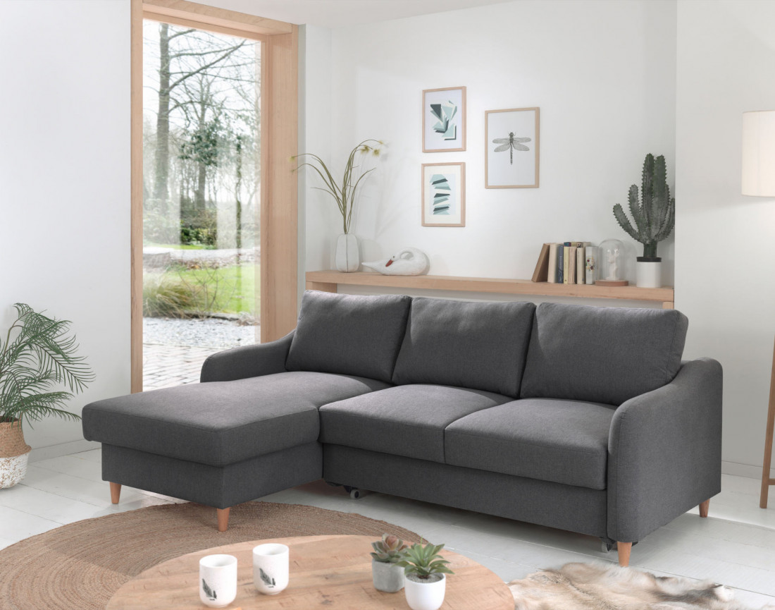 Canapé d'angle gauche convertible avec coffre 4 places en tissu Will
