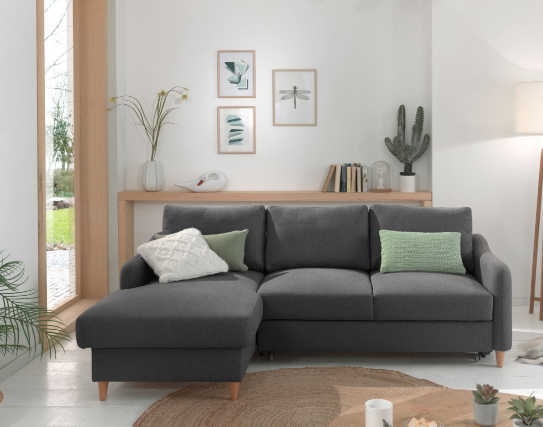 Canapé d'angle gauche convertible avec coffre 4 places en tissu Will