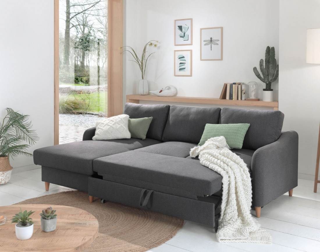 Canapé d'angle gauche convertible avec coffre 4 places en tissu Will