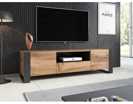 Willow – Meuble TV de style industriel avec deux armoires de rangement, un tiroir et une niche (dimensions totales de 180x48x43