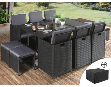 Fira - Salon de jardin encastrable 10 places - en résine tressée - Noir avec coussins gris + housse de protection