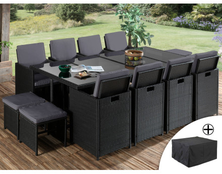 Fira - Salon de jardin encastrable 12 places - en résine tressée - Noir avec coussins gris + housse de protection