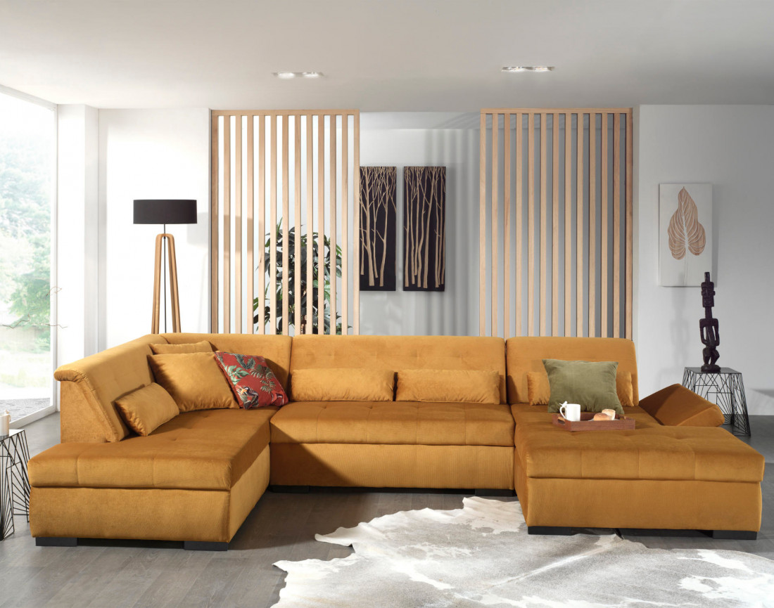 Canapé panoramique d'angle gauche 7 places XXL en velours Vermont