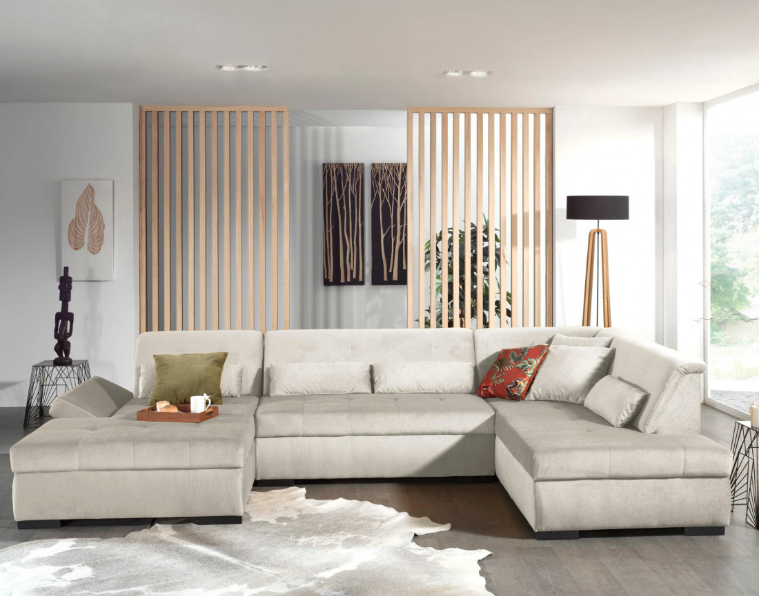 Canapé panoramique d'angle droit 7 places XXL en velours Vermont