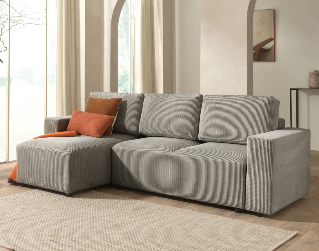 Canapé d'angle 4 places convertible avec coffre en velours côtelé Livy