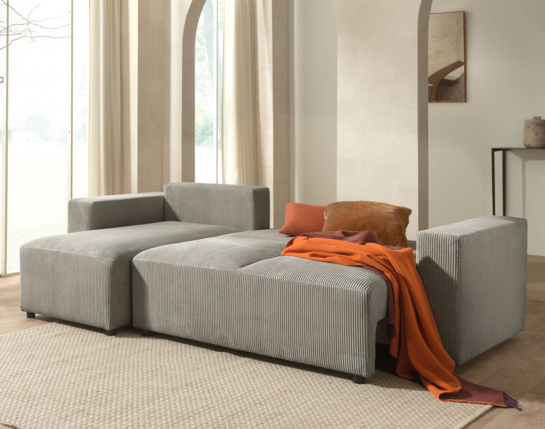 Canapé d'angle 4 places convertible avec coffre en velours côtelé Livy