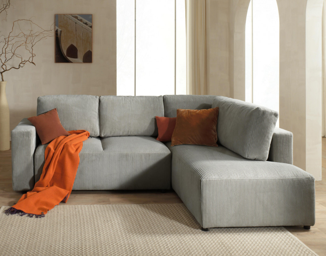 Canapé d'angle droit 5 places convertible avec coffre en velours côtelé Livy