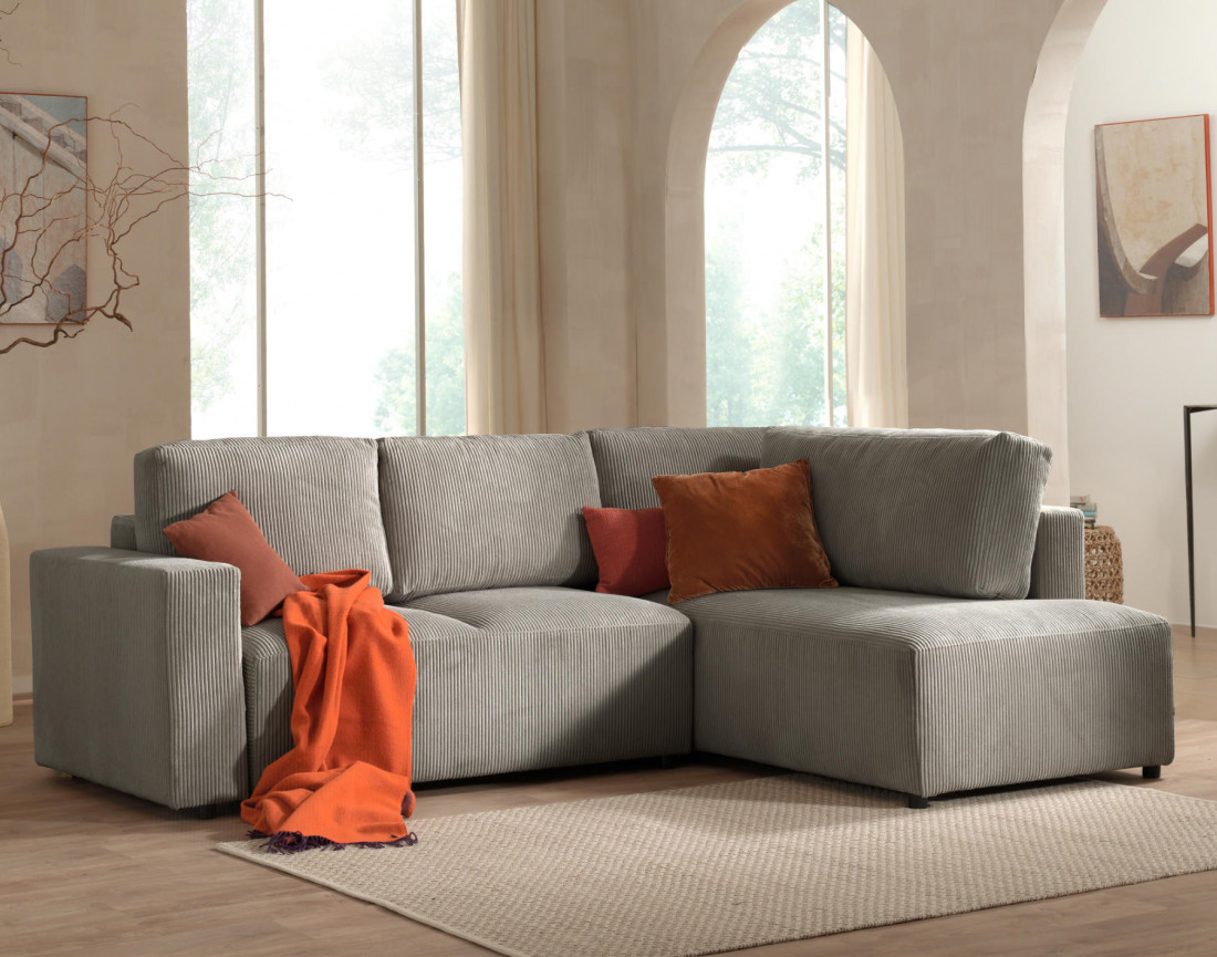 Canapé d'angle droit 5 places convertible avec coffre en velours côtelé Livy
