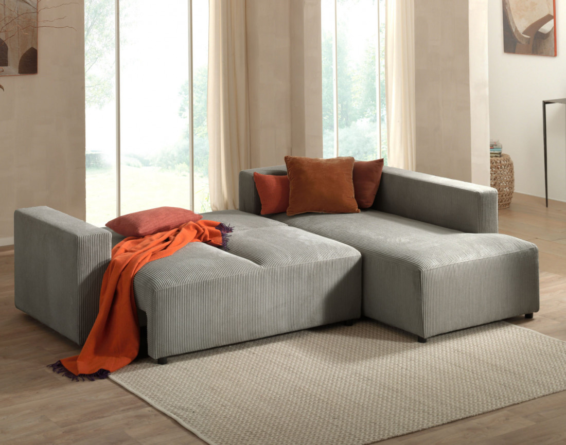 Canapé d'angle droit 5 places convertible avec coffre en velours côtelé Livy