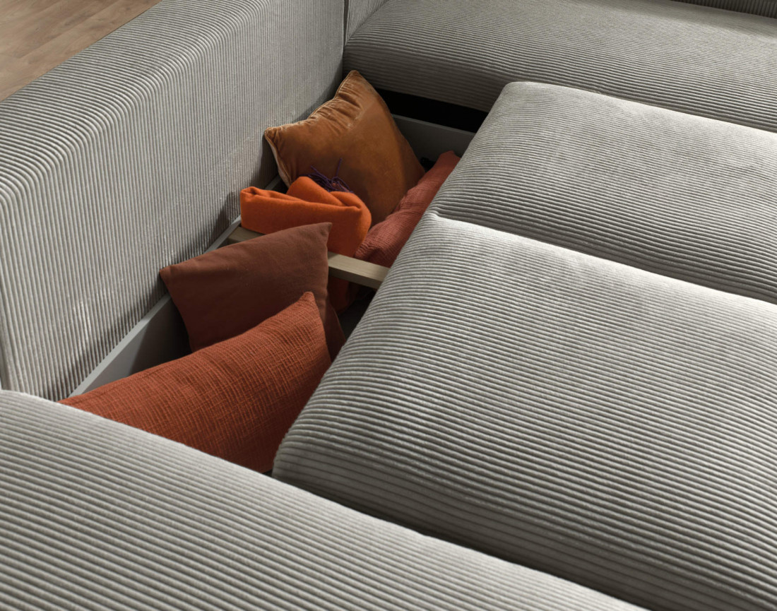 Canapé d'angle droit 5 places convertible avec coffre en velours côtelé Livy