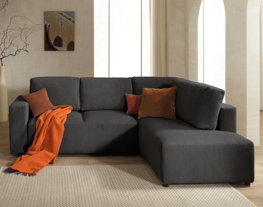 Canapé d'angle droit 5 places convertible avec coffre en velours côtelé Livy