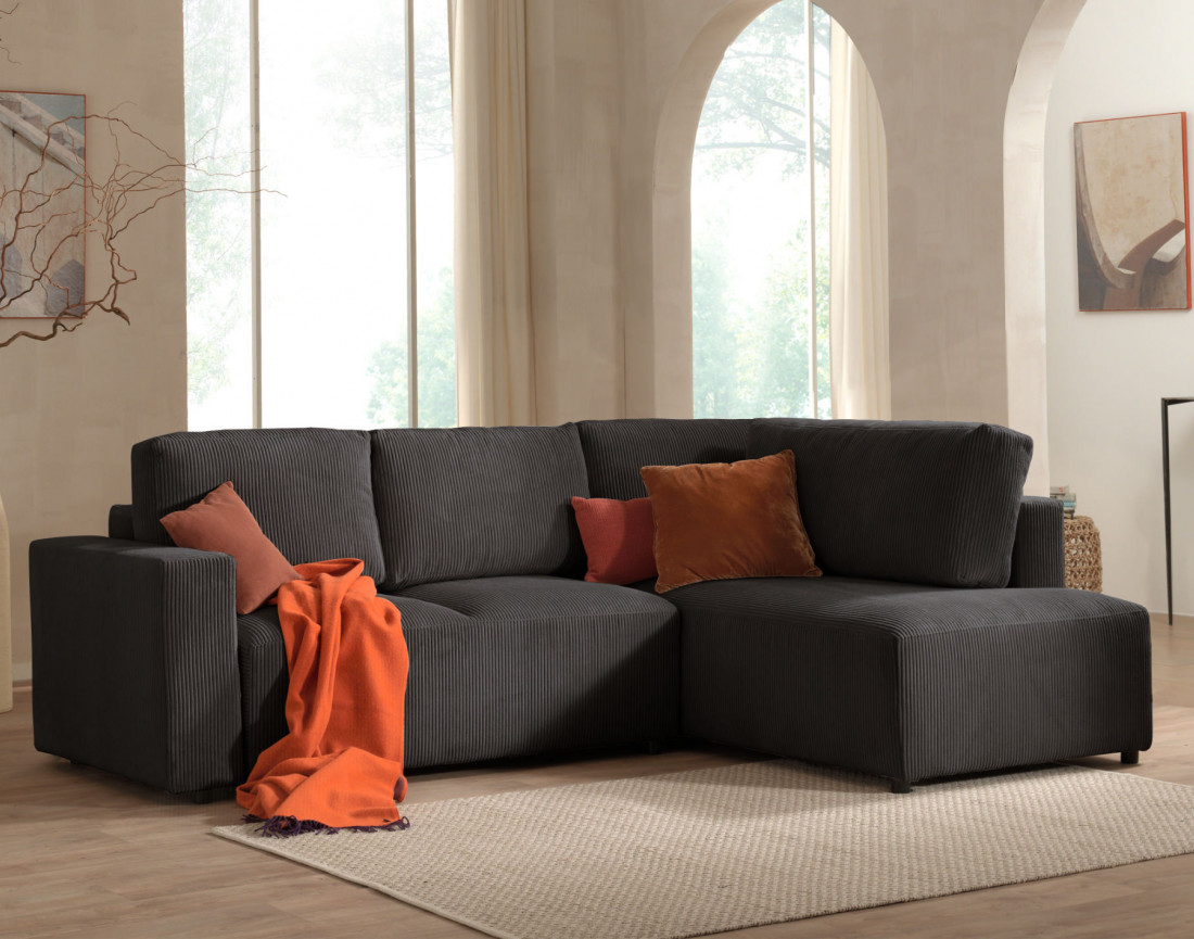 Canapé d'angle droit 5 places convertible avec coffre en velours côtelé Livy