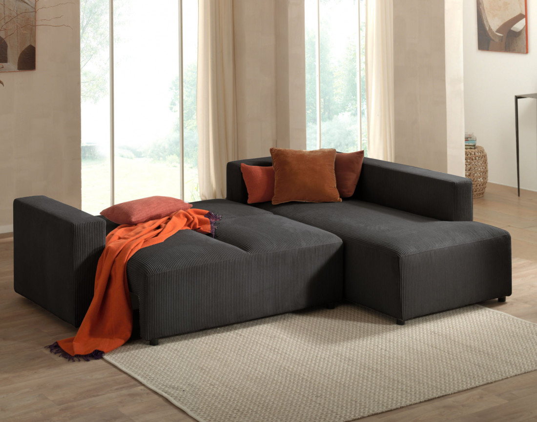 Canapé d'angle droit 5 places convertible avec coffre en velours côtelé Livy