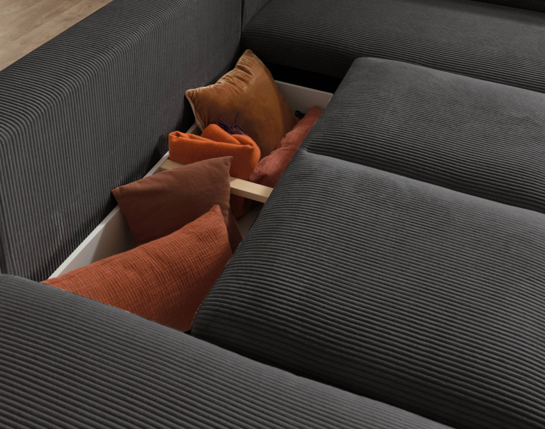 Canapé d'angle droit 5 places convertible avec coffre en velours côtelé Livy