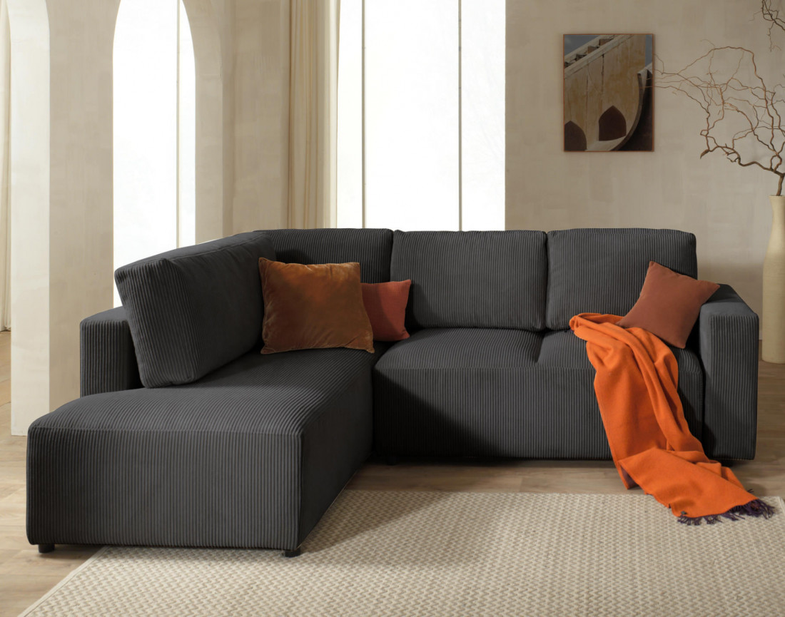 Canapé d'angle gauche 5 places convertible avec coffre en velours côtelé Livy